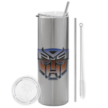 Transformers, Eco friendly ποτήρι θερμό Ασημένιο (tumbler) από ανοξείδωτο ατσάλι 600ml, με μεταλλικό καλαμάκι & βούρτσα καθαρισμού