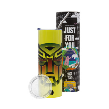 Transformers, Neon Yellow Travel Tumbler, with metal straw (Stainless steel 304 Food grade, BPA free, 600ml)