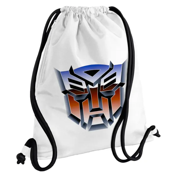 Transformers — Τσάντα πλάτης πουγκί GYMBAG λευκή, με τσέπη (40x48cm) & χονδρά κορδόνια