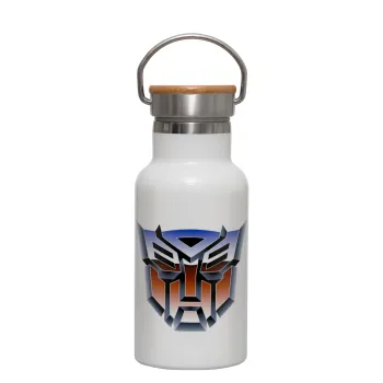 Transformers, Μεταλλικό παγούρι θερμός (Stainless steel) Λευκό με ξύλινο καπακι (bamboo), διπλού τοιχώματος, 350ml