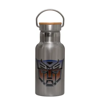Transformers, Stainless steel metallic thermos flask, silver with a bamboo lid, double-walled, 350ml.