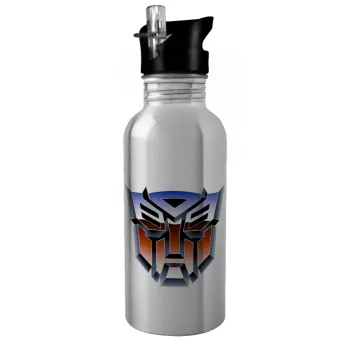 Transformers, Water bottle Silver with straw, stainless steel 600ml