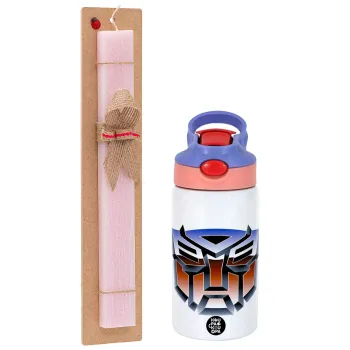 Transformers, Easter Set, Children's thermal stainless steel water bottle with safety straw, pink/purple (350ml) & Easter scented flat candle (30cm) (PINK)