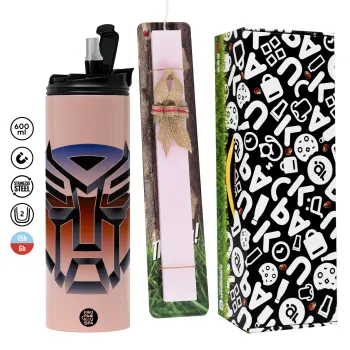 Transformers, Πασχαλινή Λαμπάδα με  ΡΟΖ Travel Tumbler θερμό (600ml, BPA free) & κερί αρωματικό πλακέ (30cm) (ΡΟΖ)