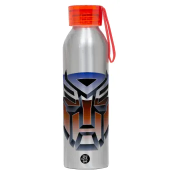 Transformers, Αλουμινένιο Αθλητικό Μπουκάλι 650ml – Ασημί με Κόκκινο Καπάκι και Λουράκι Σιλικόνης