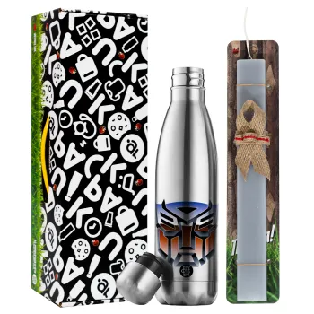 Transformers, Easter Set, metallic stainless thermos flask (500ml) & scented flat Easter candle (30cm) (GRAY)