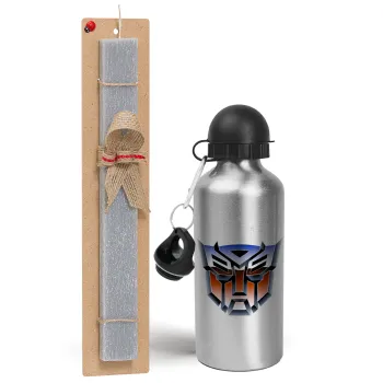 Transformers, Easter Set, metallic silver aluminum water bottle (500ml) & aromatic flat Easter candle (30cm) (GRAY)
