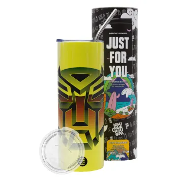 Transformers, Neon Yellow Travel Tumbler θερμό, μεταλλικό καλαμάκι(Ανωξείδωτο 304 Food grade, BPA free, 600ml)