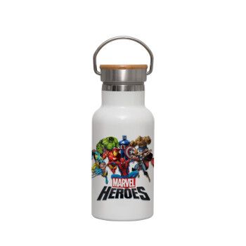 MARVEL heroes, Μεταλλικό παγούρι θερμός (Stainless steel) Λευκό με ξύλινο καπακι (bamboo), διπλού τοιχώματος, 350ml