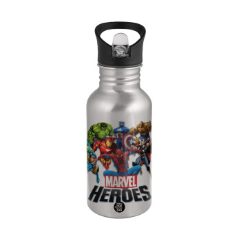MARVEL heroes, Water bottle Silver with straw, stainless steel 500ml