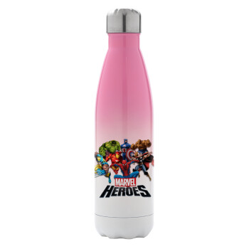 MARVEL heroes, Μεταλλικό παγούρι θερμός Ροζ/Λευκό (Stainless steel), διπλού τοιχώματος, 500ml