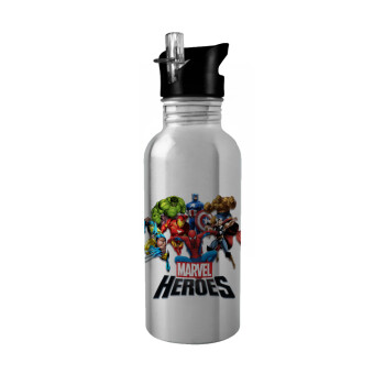 MARVEL heroes, Water bottle Silver with straw, stainless steel 600ml