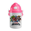 MARVEL heroes, Ροζ παιδικό παγούρι πλαστικό (BPA-FREE) με καπάκι ασφαλείας, κορδόνι και καλαμάκι, 400ml