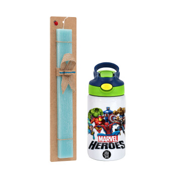 MARVEL heroes, Πασχαλινό Σετ, Παιδικό παγούρι θερμό, ανοξείδωτο, με καλαμάκι ασφαλείας, πράσινο/μπλε (350ml) & πασχαλινή λαμπάδα αρωματική πλακέ (30cm) (ΤΙΡΚΟΥΑΖ)