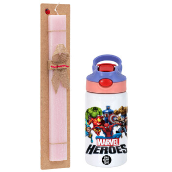 MARVEL heroes, Πασχαλινό Σετ, Παιδικό παγούρι θερμό, ανοξείδωτο, με καλαμάκι ασφαλείας, ροζ/μωβ (350ml) & πασχαλινή λαμπάδα αρωματική πλακέ (30cm) (ΡΟΖ)