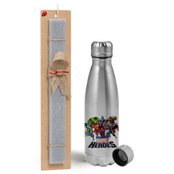 MARVEL heroes, Easter Set, metallic Inox water bottle (750ml) & aromatic flat Easter candle (30cm) (GRAY)