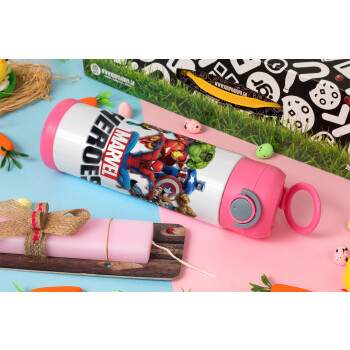 MARVEL heroes, Easter candle, Childrens hot water bottle, stainless steel, with safety straw, PINK (500ml)