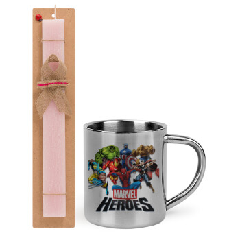 MARVEL heroes, Easter Set, metallic thermal cup (300ml) & aromatic flat Easter candle (30cm) (PINK)