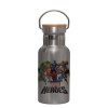 Stainless steel metallic thermos flask, silver with a bamboo lid, double-walled, 350ml.