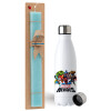 Easter Set, metallic stainless steel water bottle (750ml) & aromatic flat Easter candle (30cm) (TURQUOISE)