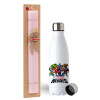 Easter Set, metallic stainless steel water bottle (750ml) & scented flat Easter candle (30cm) (PINK)