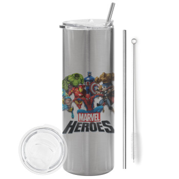 MARVEL heroes, Eco friendly stainless steel Silver tumbler 600ml, with metal straw & cleaning brush