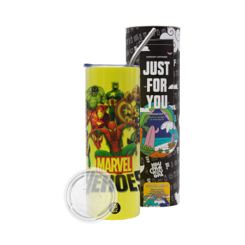 MARVEL heroes, Neon Yellow Travel Tumbler, with metal straw (Stainless steel 304 Food grade, BPA free, 600ml)