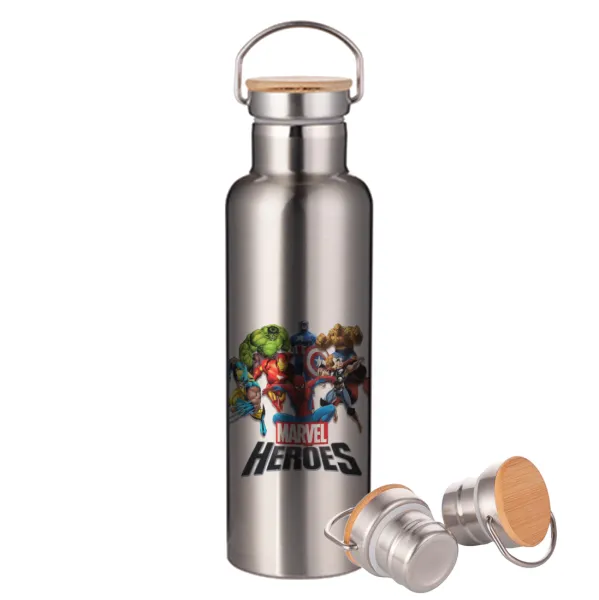 MARVEL heroes — Stainless steel Silver with wooden lid (bamboo), double wall, 750ml
