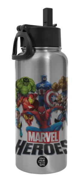 MARVEL heroes — Metal mug thermo Silver with Straw and Spout Lid (Stainless steel), double wall, 950ml