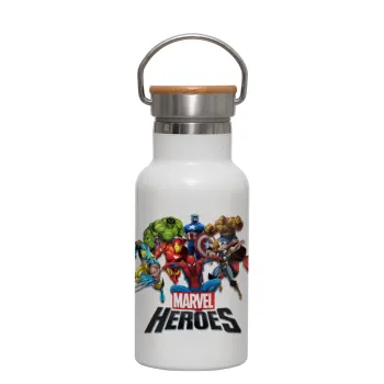 MARVEL heroes, Metallic thermos (Stainless steel) White with wooden lid (bamboo), double-walled, 350ml