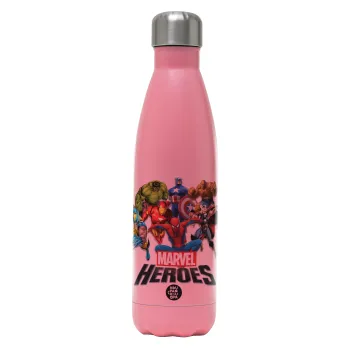 MARVEL heroes, Μεταλλικό παγούρι θερμός Ροζ Ματ (Stainless steel), διπλού τοιχώματος, 500ml