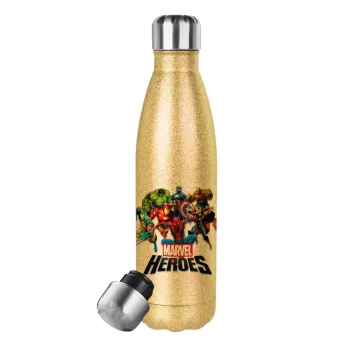 MARVEL heroes, Glitter gold stainless steel thermos bottle, double-walled, 500ml