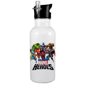 MARVEL heroes, Παγούρι νερού Λευκό με καλαμάκι, ανοξείδωτο ατσάλι 600ml