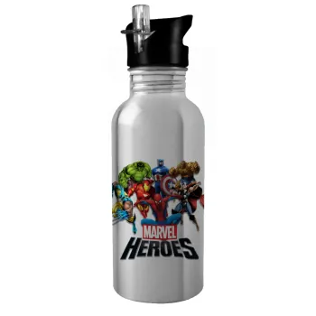 MARVEL heroes, Water bottle Silver with straw, stainless steel 600ml