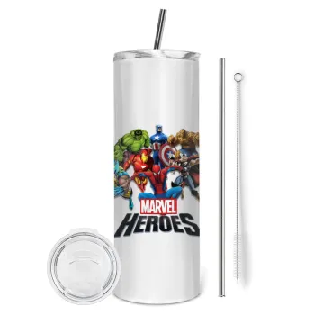 MARVEL heroes, Tumbler ποτήρι θερμό από ανοξείδωτο ατσάλι 600ml, με μεταλλικό καλαμάκι & βούρτσα καθαρισμού