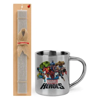 MARVEL heroes, Πασχαλινή Λαμπάδα με μεταλλική κούπα θερμό (300ml) & κερί αρωματικό πλακέ (30cm) (ΓΚΡΙ)