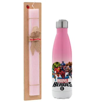 MARVEL heroes, Easter Set, Metallic pink/white (Stainless steel) thermos, double-walled, 500ml & aromatic flat Easter candle (30cm) (PINK)