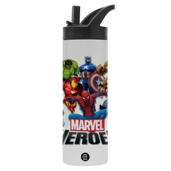 MARVEL heroes, Μεταλλικό παγούρι θερμός με καλαμάκι & χειρολαβή, ανοξείδωτο ατσάλι (Stainless steel 304), διπλού τοιχώματος, 600ml
