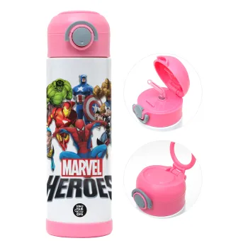 MARVEL heroes, Παιδικό παγούρι θερμό, ανοξείδωτο, με καλαμάκι ασφαλείας, ΡΟΖ (500ml)