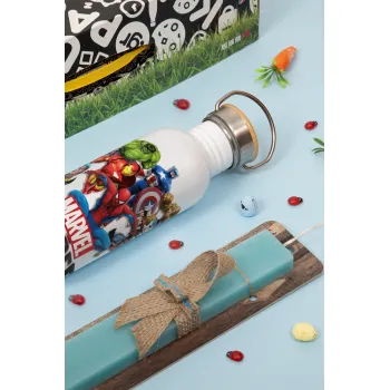 MARVEL heroes, Πασχαλινή Λαμπάδα με παγούρι μεταλλικό (620ml, stainless steel) & κερί αρωματικό πλακέ (30cm) (ΤΙΡΚΟΥΑΖ)