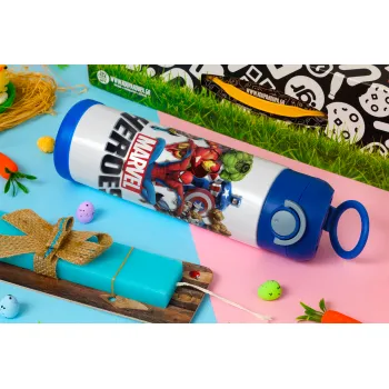 MARVEL heroes, Πασχαλινή Λαμπάδα με Παιδικό παγούρι θερμό, ανοξείδωτο, με καλαμάκι ασφαλείας, ΜΠΛΕ (500ml)