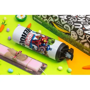 MARVEL heroes, Easter candle,Travel Tumbler 2 Lids, with metal straw & cleaning brush & aromatic flat candle (30cm) (PINK)