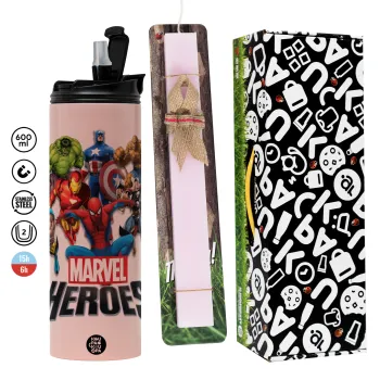 MARVEL heroes, Πασχαλινή Λαμπάδα με  ΡΟΖ Travel Tumbler θερμό (600ml, BPA free) & κερί αρωματικό πλακέ (30cm) (ΡΟΖ)