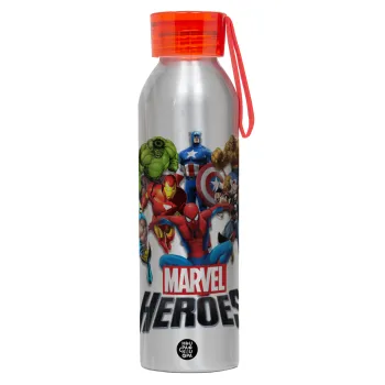 MARVEL heroes, Αλουμινένιο Αθλητικό Μπουκάλι 650ml – Ασημί με Κόκκινο Καπάκι και Λουράκι Σιλικόνης