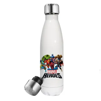 MARVEL heroes, Μεταλλικό παγούρι θερμός Λευκό (Stainless steel), διπλού τοιχώματος, 500ml