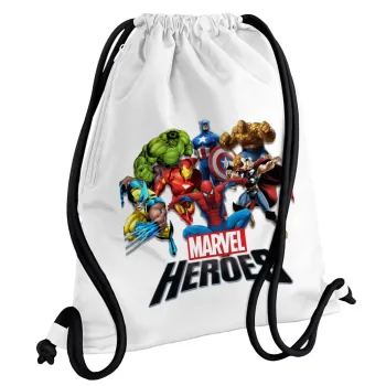 MARVEL heroes, Τσάντα πλάτης πουγκί GYMBAG λευκή, με τσέπη (40x48cm) & χονδρά κορδόνια