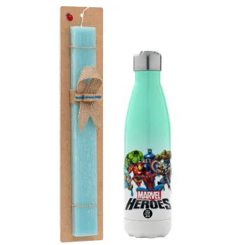 MARVEL heroes, Easter Set, Metallic green/white thermos (Stainless steel), double-walled, 500ml & scented flat Easter candle (30cm) (TURQUOISE)