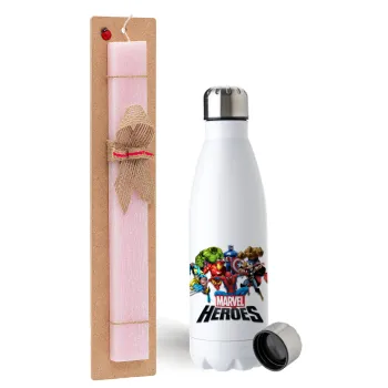 MARVEL heroes, Easter Set, metallic stainless steel water bottle (750ml) & scented flat Easter candle (30cm) (PINK)