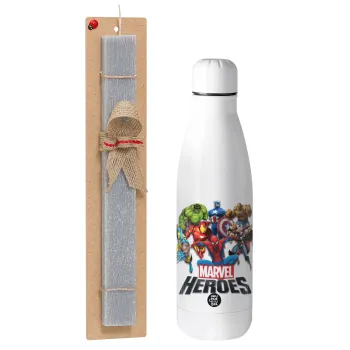 MARVEL heroes, Easter Set, metallic stainless thermos bottle (500ml) & scented flat Easter candle (30cm) (GRAY)