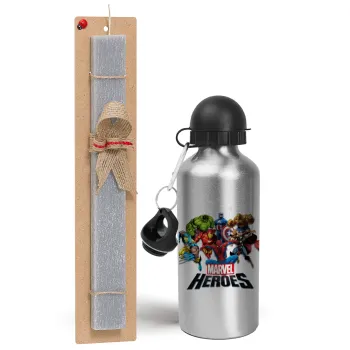 MARVEL heroes, Easter Set, metallic silver aluminum water bottle (500ml) & aromatic flat Easter candle (30cm) (GRAY)
